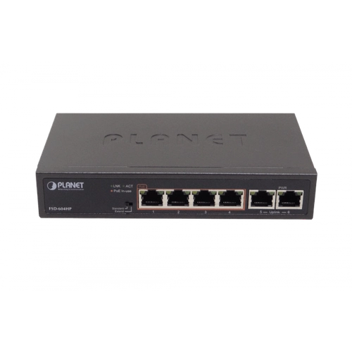 Switch de red PLANET FSD-604HP con 6 puertos a 100 Mbps, incluyendo 4 puertos PoE+ (802.3af/at)