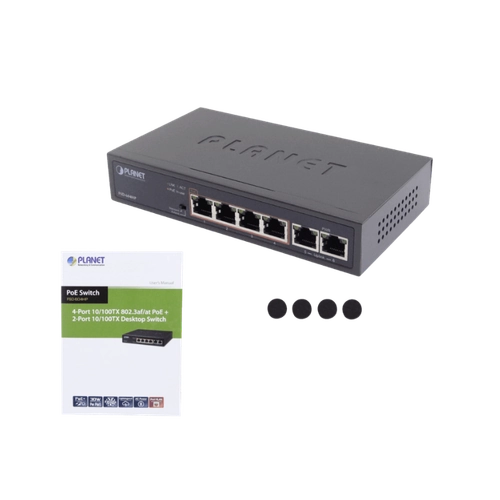 Switch de red PLANET FSD-604HP con 6 puertos a 100 Mbps, incluyendo 4 puertos PoE+ (802.3af/at)
