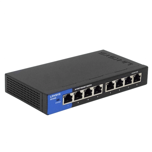 Switch Gigabit de 8 puertos Linksys SE3008 para escritorio.