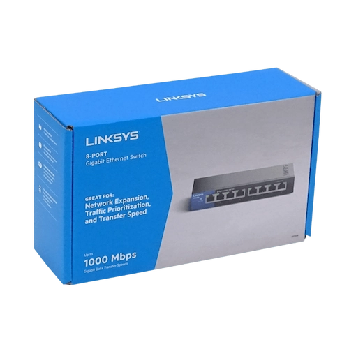 Switch Gigabit de 8 puertos Linksys SE3008 para escritorio.