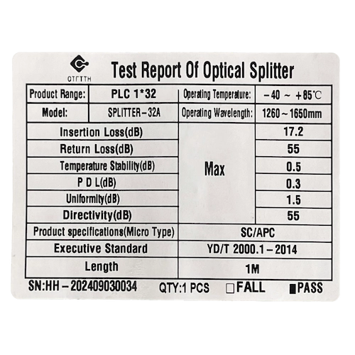 SPLITTER-32A. 1x32 SC/APC Divisor PLC p/GEPON/GPON G657A1 0,9mm 1260-1650nm